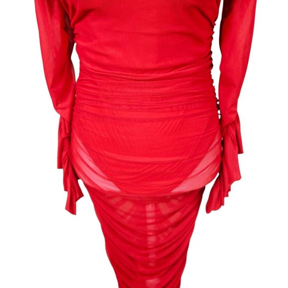 Fashion Nova Mesh With His Head Ruched Dress – Red Lrg - Picture 4 of 14
